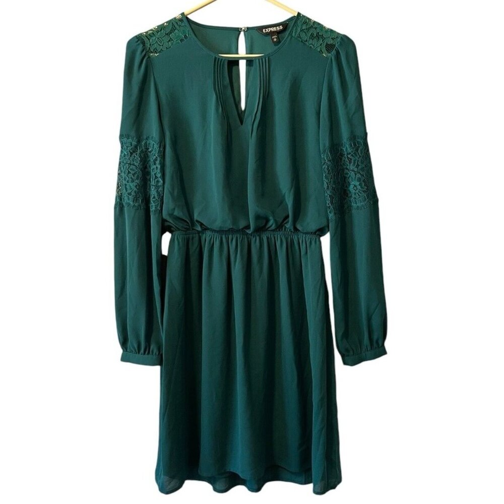 Express Women's Green  Long Sleeve Lace Details‎ Mini Dress Sexy Party Formal